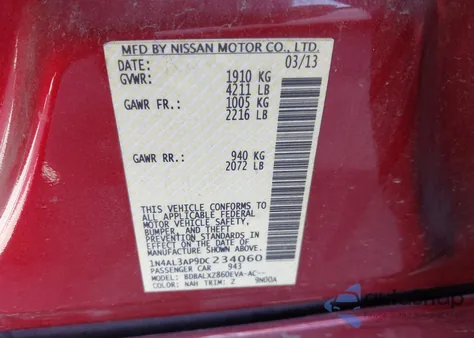 2013 Nissan Altima 2.5 Sl z USA, uszkodzony, nr VIN 1N4AL3AP9DC234060